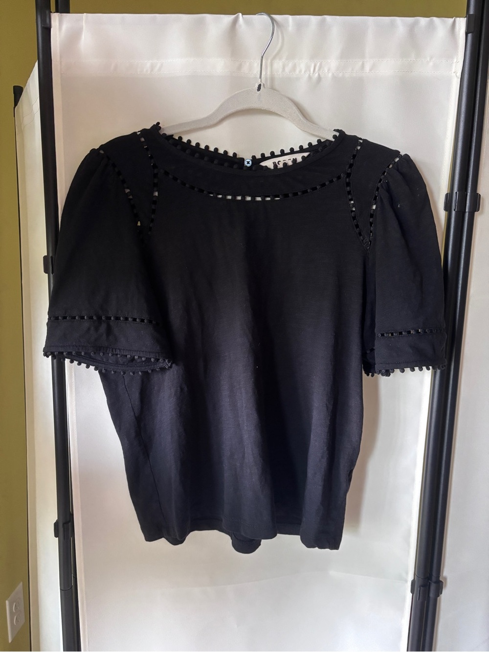 Boden Black Short Sleeve Pom-Pom Trim Blouse